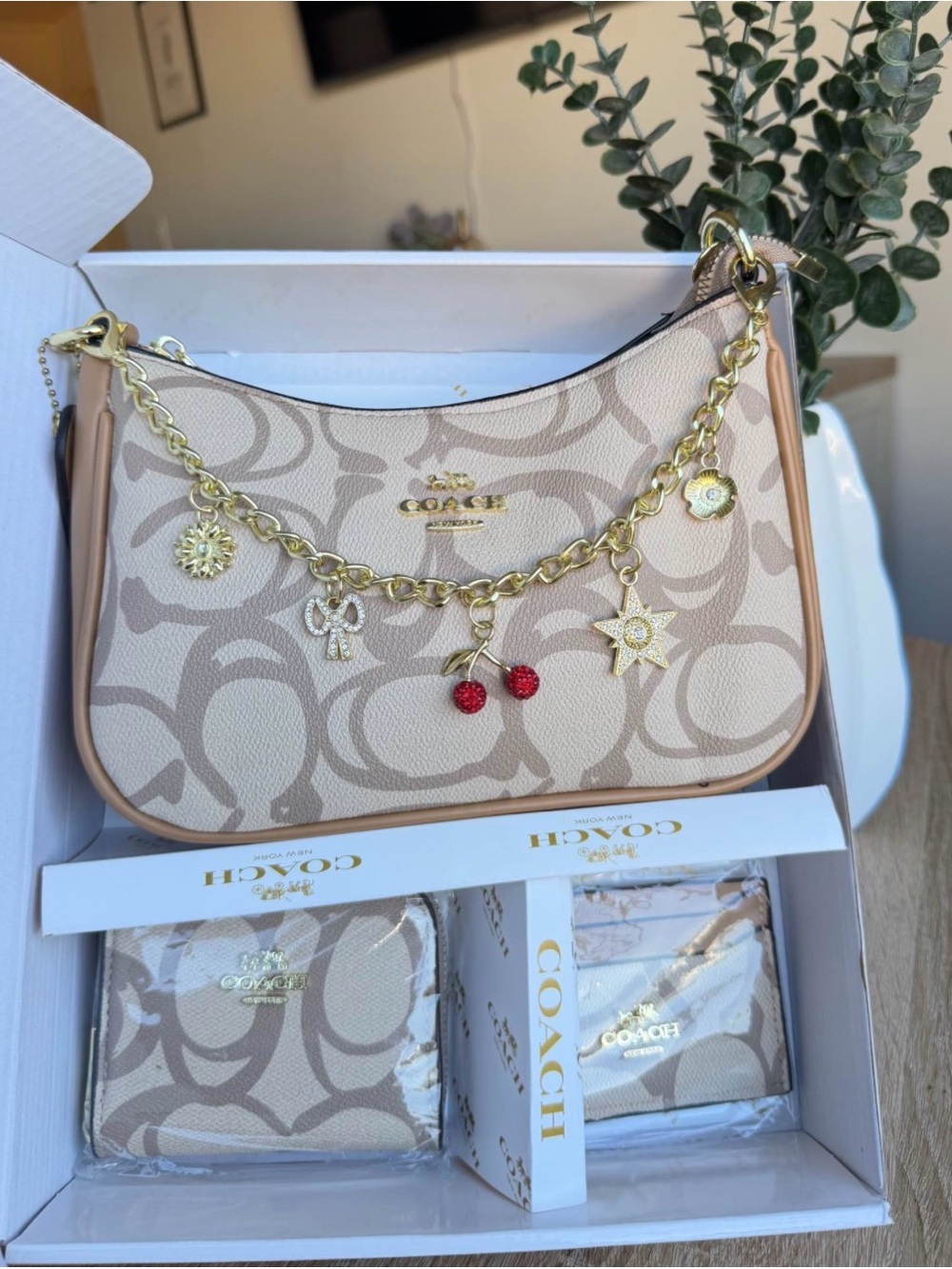 Coach Beige Signature Canvas Shoulder Bag with Gold Charm Chain